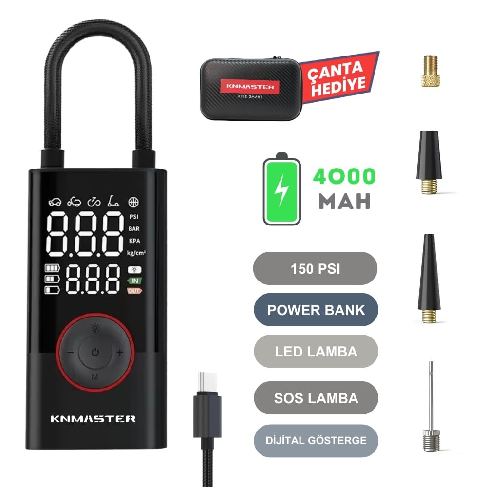 Knmaster LP200 – 150 PSI Dijital Göstergeli Şarjlı Hava Pompası - Görsel 9